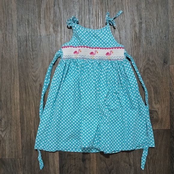 Marmellata Girls Polka-dot Smocked Dress with Crochet Flamingos. - Picture 13 of 14